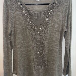 VENUS Taupe Long Sleeve Top with Beaded Embellished Detail